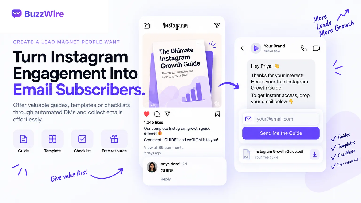 Offering a lead magnet in an Instagram DM: a post promotes a free guide, someone comments the keyword, and the automated DM delivers the guide in exchange for an email — give value first.