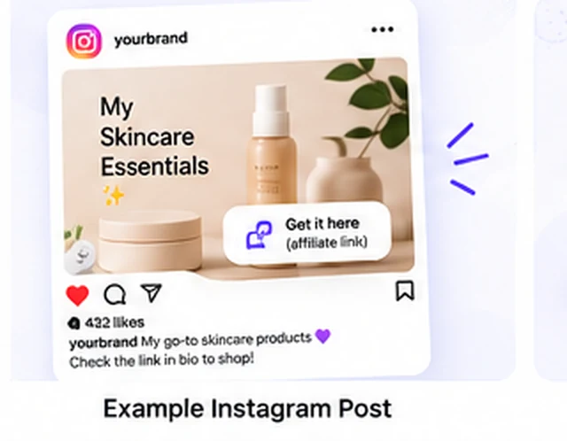 Example Instagram affiliate post — a skincare product post with a Get-it-here affiliate-link button and a check-the-link-in-bio caption.