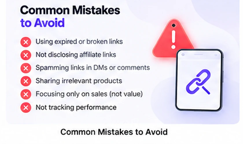 Common affiliate-link mistakes to avoid on Instagram: expired or broken links, not disclosing the affiliate relationship, spamming links in DMs or comments, sharing irrelevant products, focusing only on sales, and not tracking performance.
