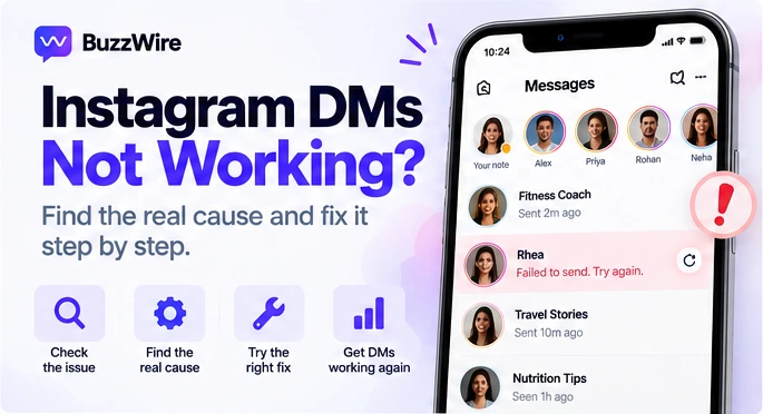 Instagram DMs not working: an illustrated inbox with one message marked failed to send, and four steps — check the issue, find the real cause, try the right fix, get DMs working again.