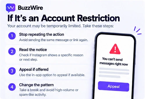 Four steps if your account is restricted: stop repeating the action, read the notice, appeal if offered, and change the pattern. The phone screen is an illustration, not Instagram's exact wording.
