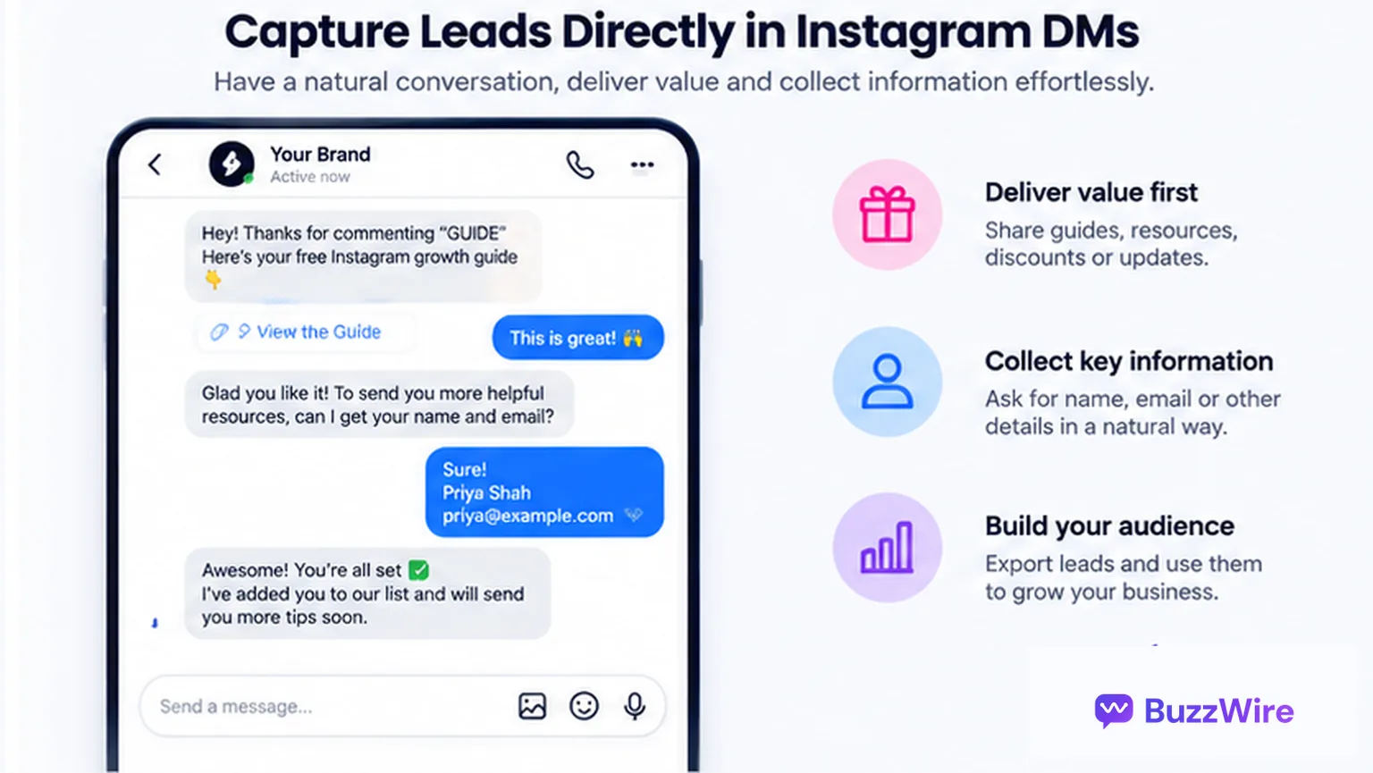 Capturing a lead directly in an Instagram DM: the automation delivers a free guide, then asks for the person's name and email inside the conversation and saves it for export.