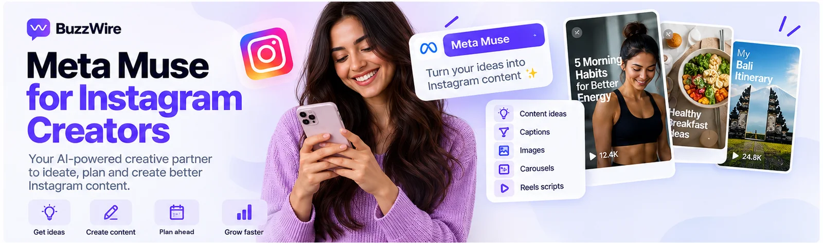Meta Muse for Instagram creators — an AI creative partner to get ideas, create content, plan ahead and grow faster.