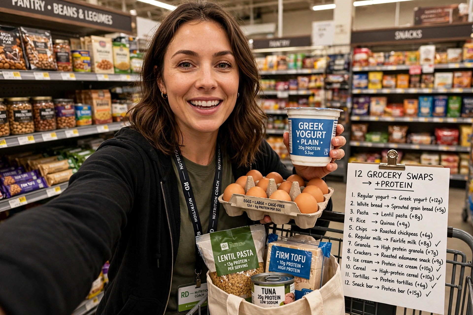 A nutrition coach in a grocery aisle holding high-protein foods beside a list of protein grocery swaps