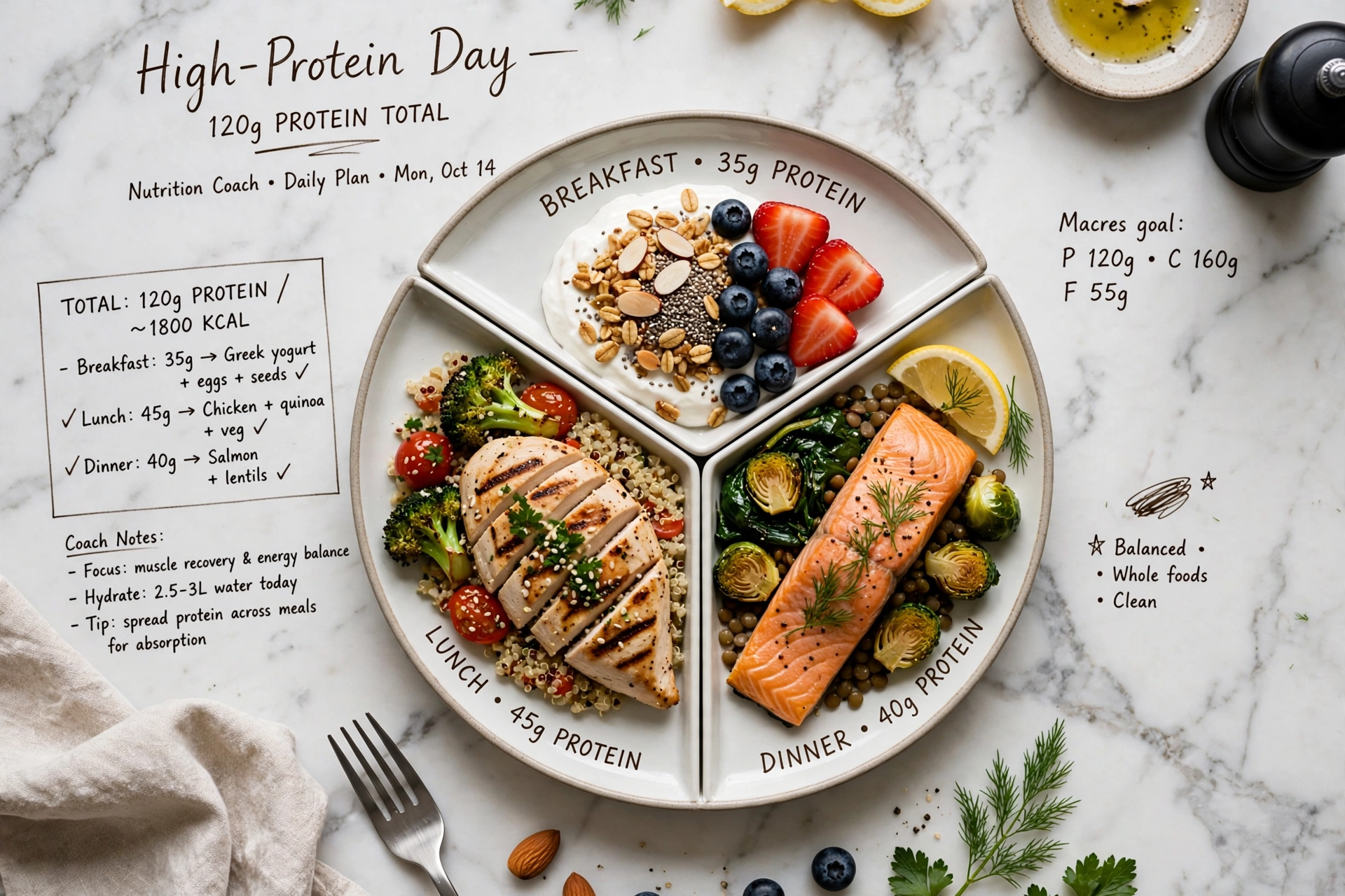 A three-section plate laying out a full high-protein day of breakfast, lunch and dinner with macro notes