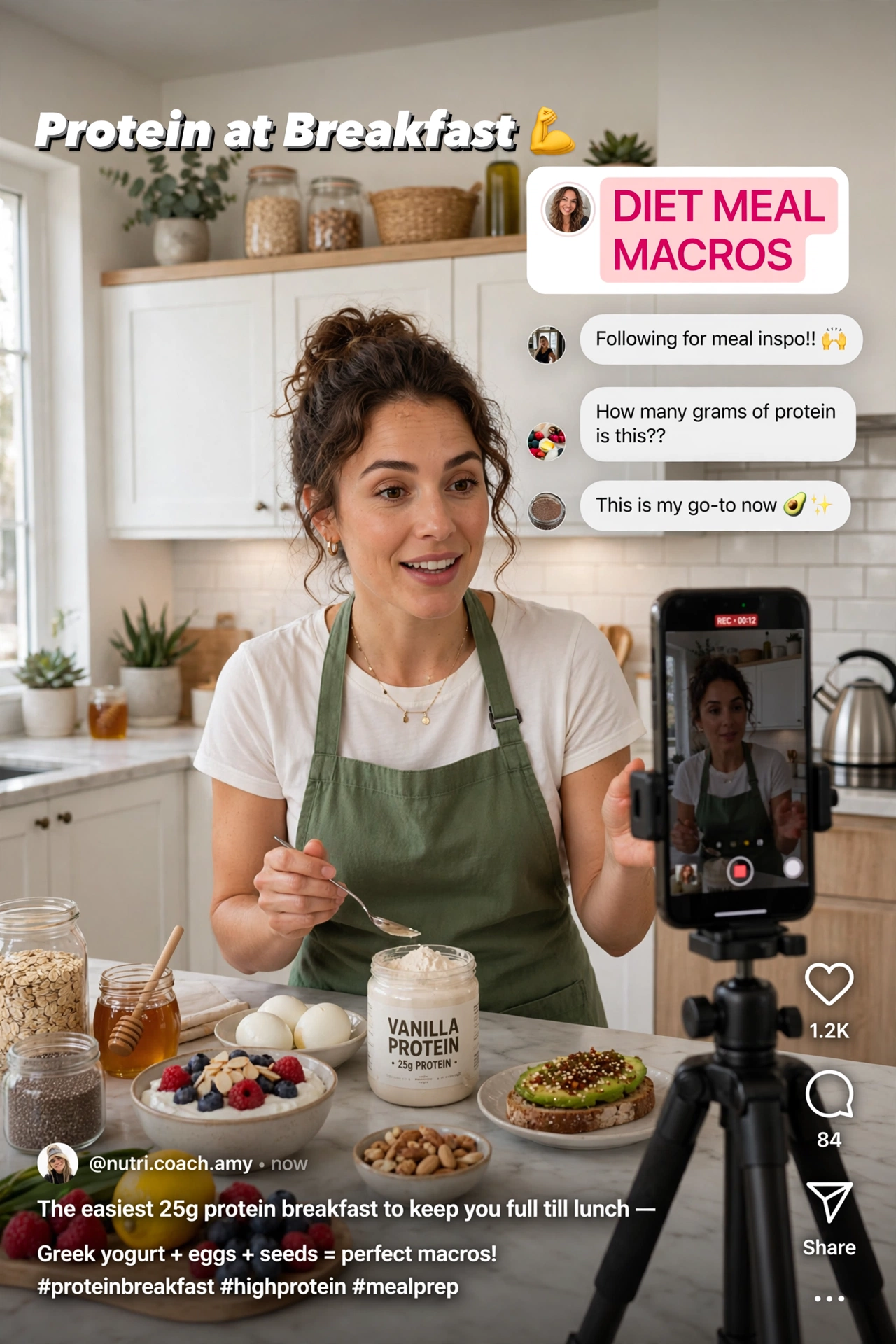 A nutrition creator filming a high-protein breakfast Reel that invites keyword comments