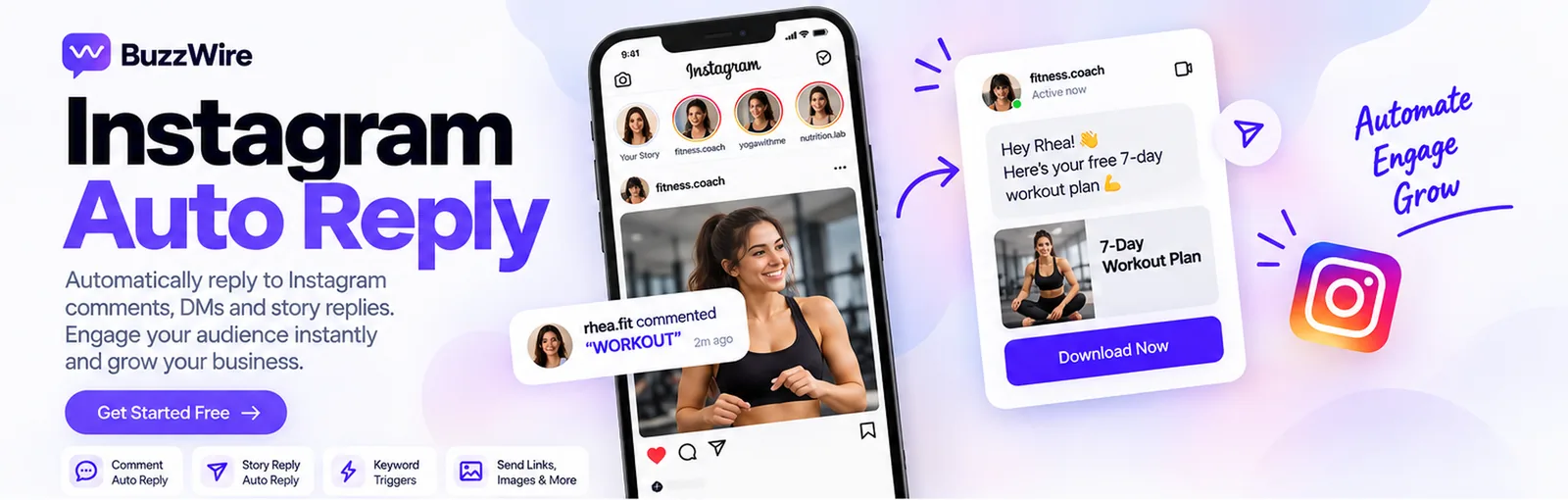 BuzzWire Instagram auto-reply — a comment with the keyword WORKOUT triggers an automatic DM that delivers a 7-day workout plan.