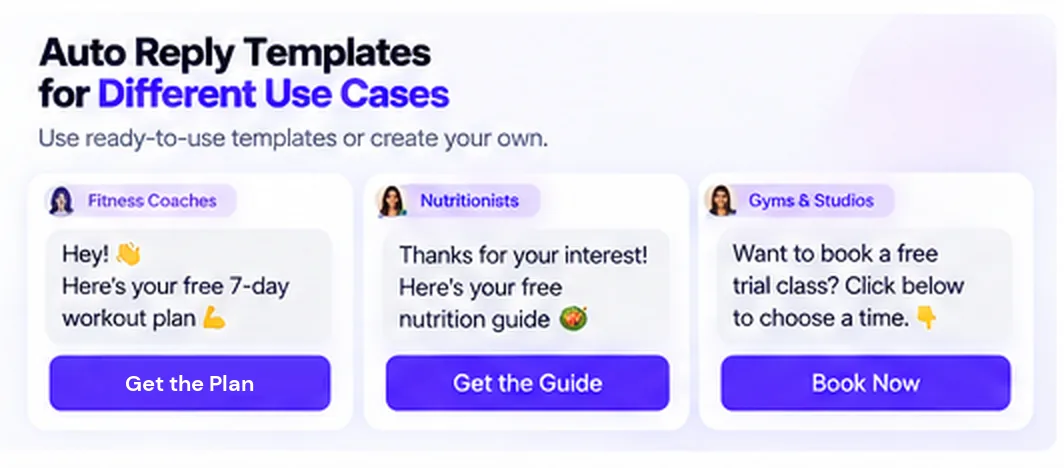 Instagram auto-reply templates for different use cases: fitness coaches, nutritionists, and gyms and studios.