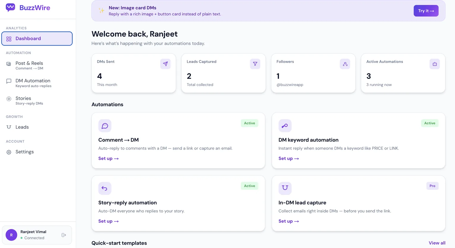 The BuzzWire dashboard showing DMs sent, leads captured, followers and active automations, with the automation types in the left sidebar.