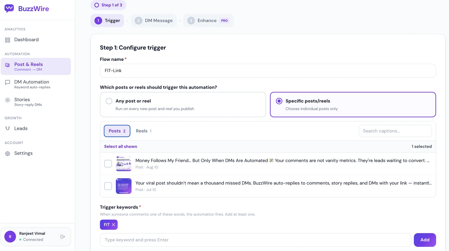 Step 1 of the comment-to-DM builder: naming the flow, choosing which posts it applies to, and setting the trigger keyword.