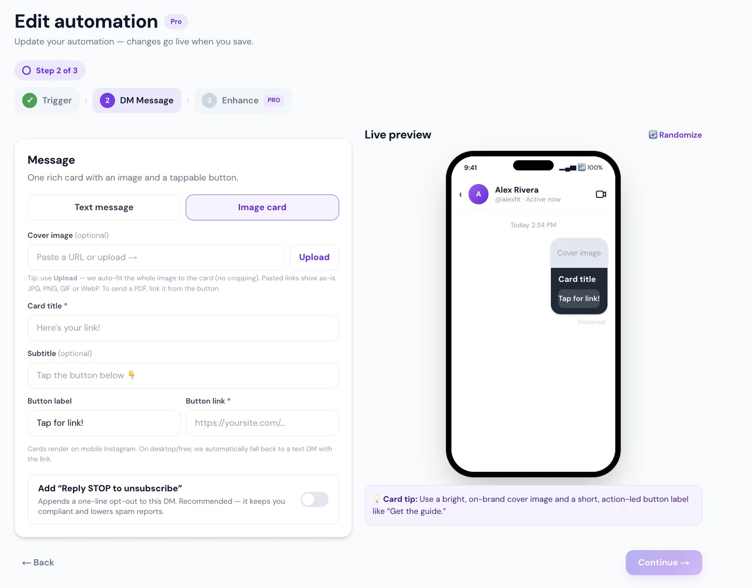 The image-card composer: a cover image, title, subtitle and a tappable button that BuzzWire sends as a rich DM.