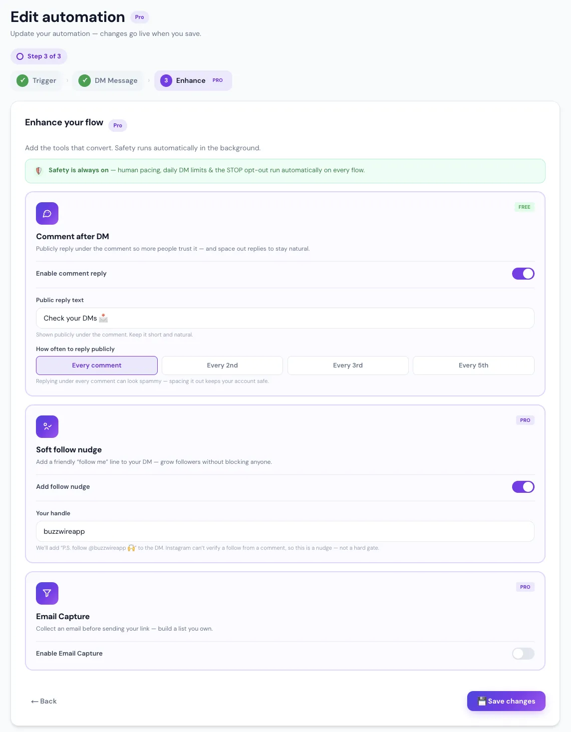 The enhance step: toggles for a public comment reply, a soft follow nudge and in-DM email capture.