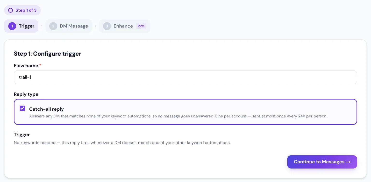 The DM keyword builder: a list of keyword rules plus a catch-all reply toggle for messages that match no keyword.