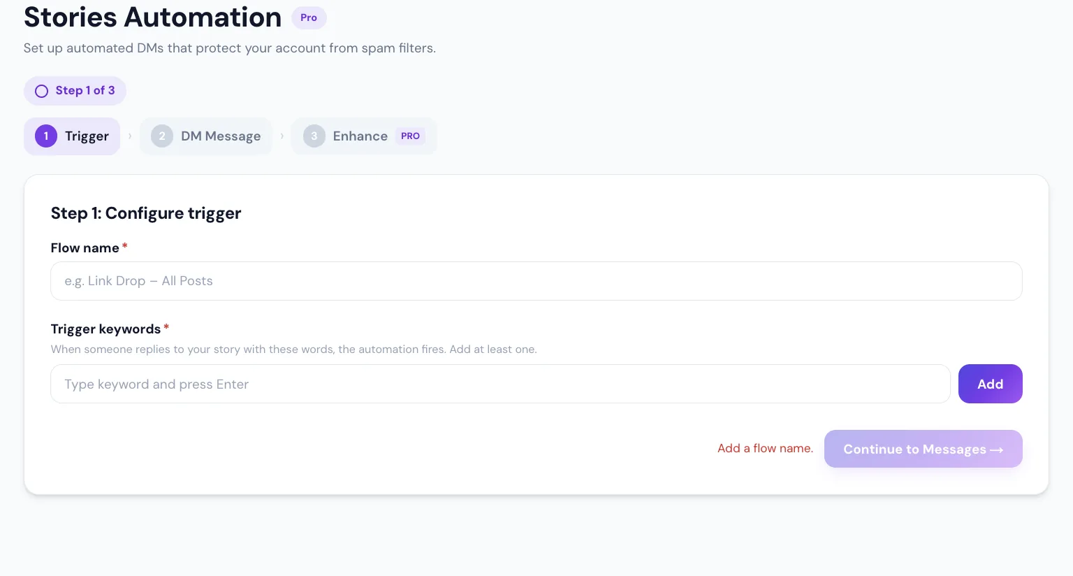 The story-reply builder: setting the keyword people reply to a story with, kept separate from DM keywords.