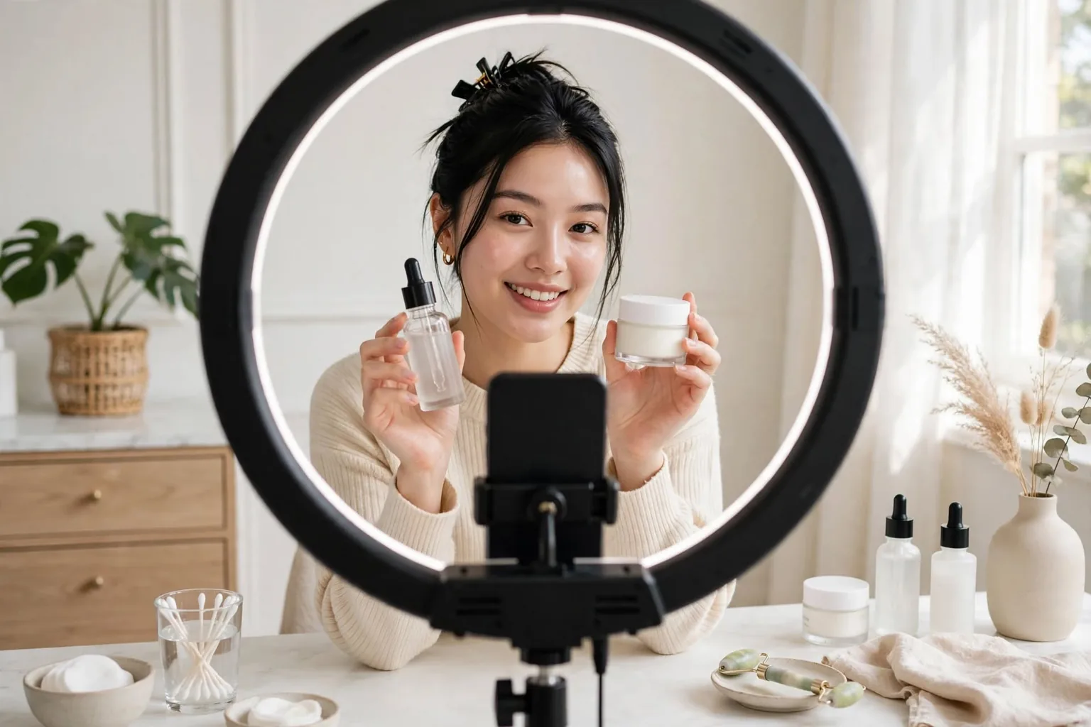 Filming an Instagram Reel beside a row of skincare products under a ring light.