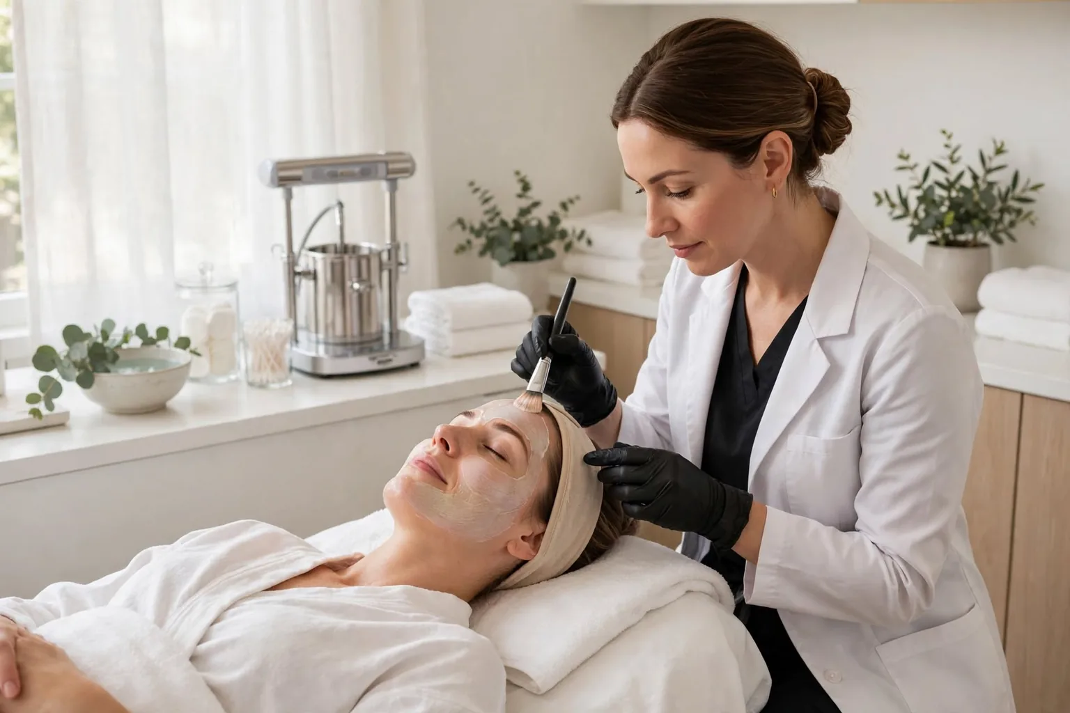 Applying a facial mask to a client in a bright treatment room.