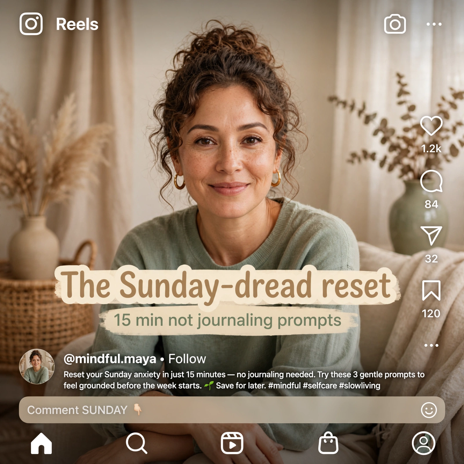Example Instagram Reel for the SUNDAY template — a mindset coach on screen with the title “The Sunday-dread reset” and a “Comment SUNDAY” caption prompt.
