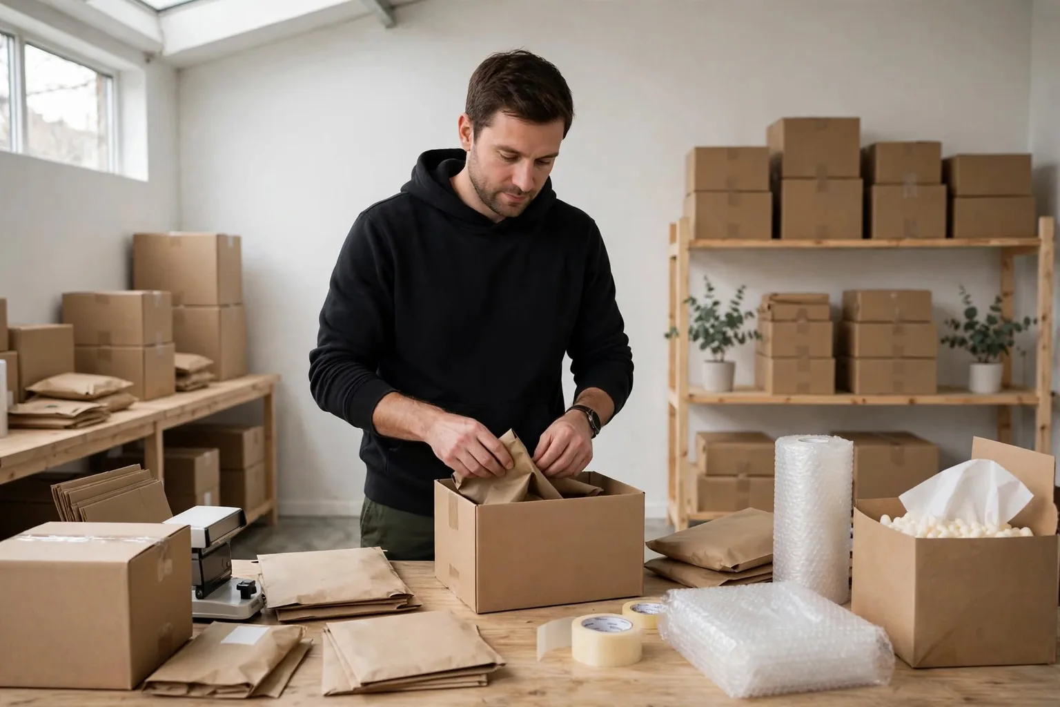 Packing customer orders at a home fulfilment table stacked with boxes and mailers.