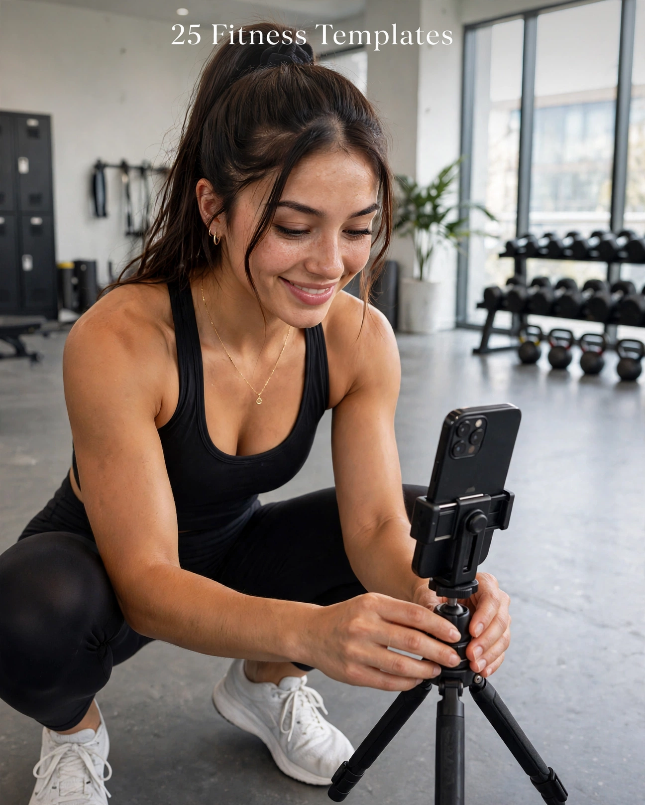 A fitness creator setting up a smartphone on a small tripod to film herself in a bright modern gym.