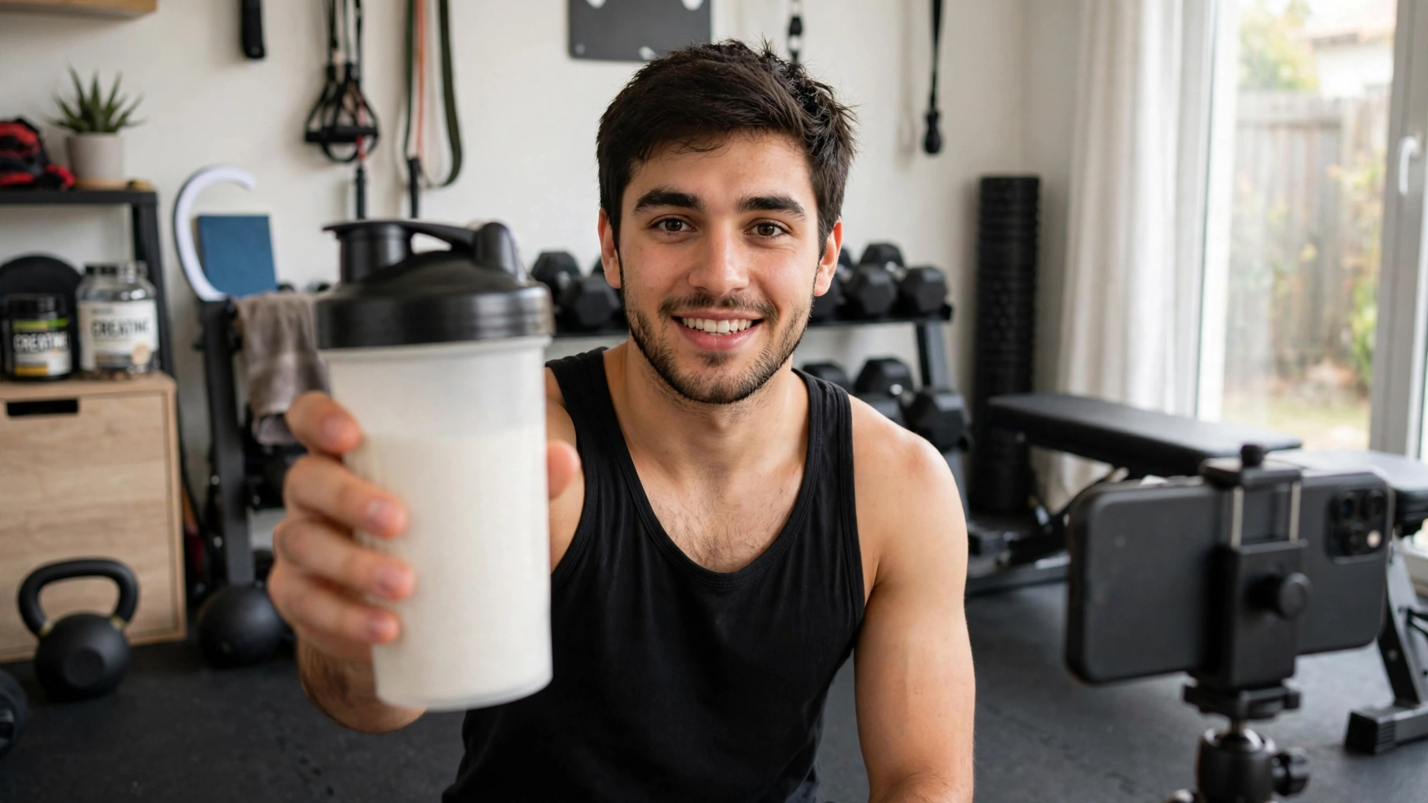 A creator in a plain tank top holding a plain protein shaker toward a phone camera on a tripod in a home gym.