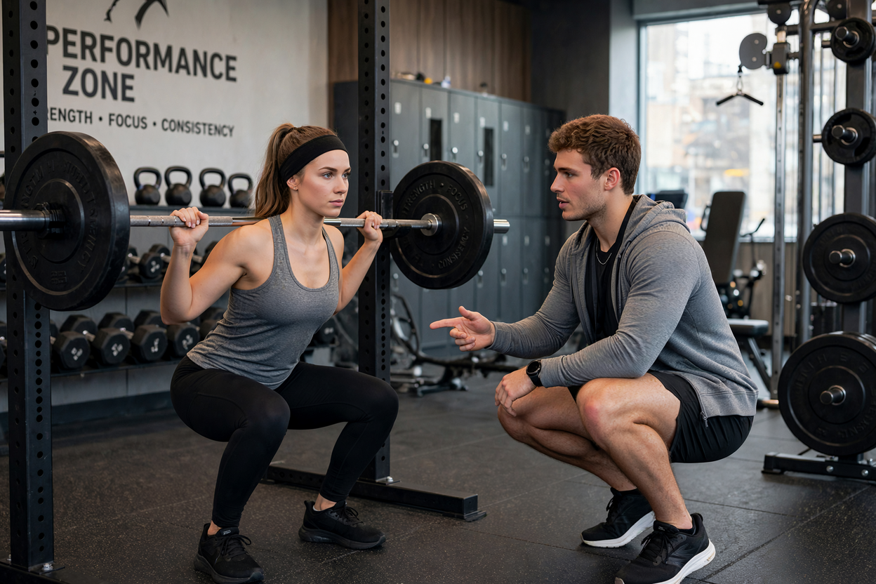 A personal trainer crouching beside a client to correct their barbell squat form during a session.