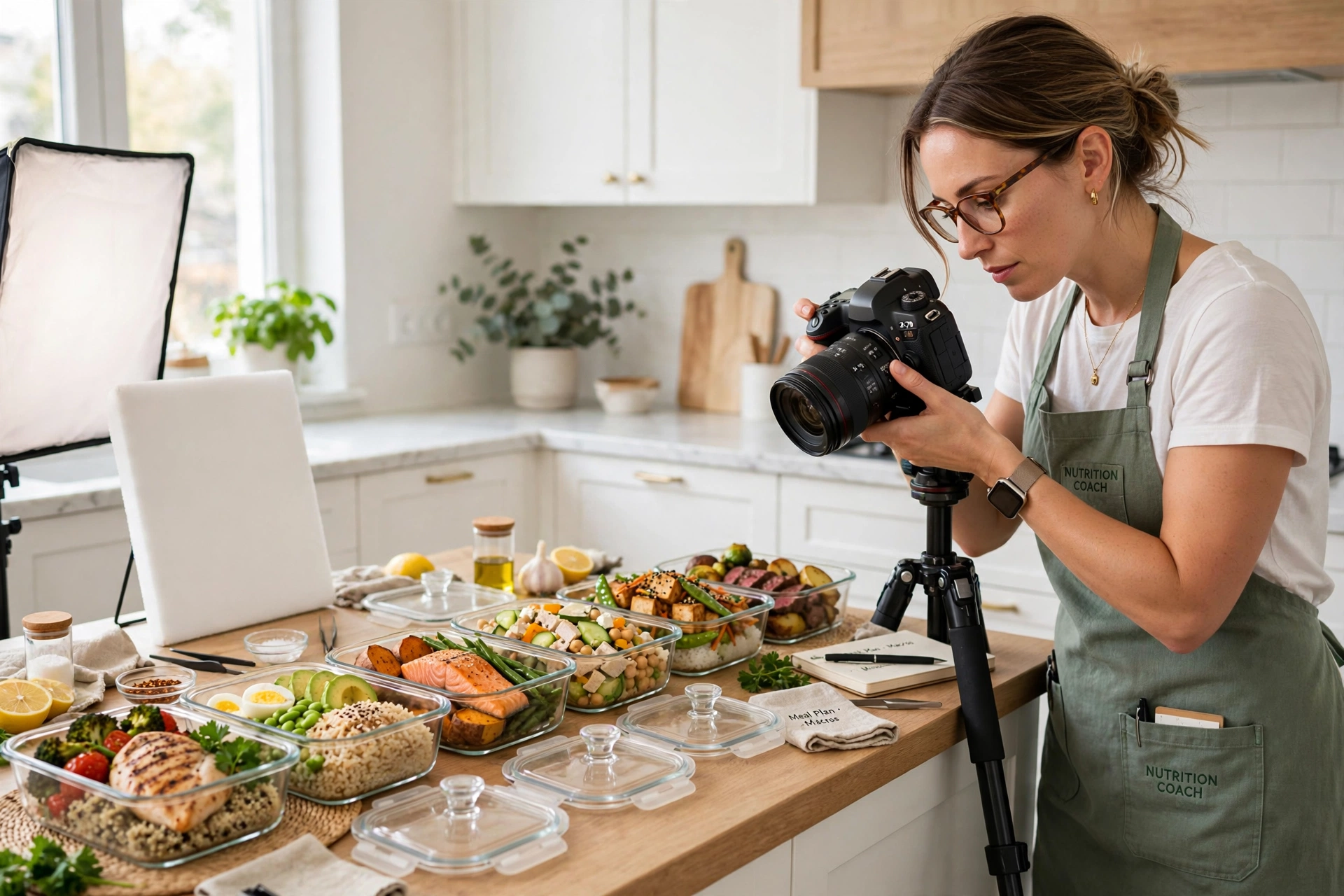 A nutrition coach photographing a row of prepared high-protein meals in glass containers in a bright kitchen.
