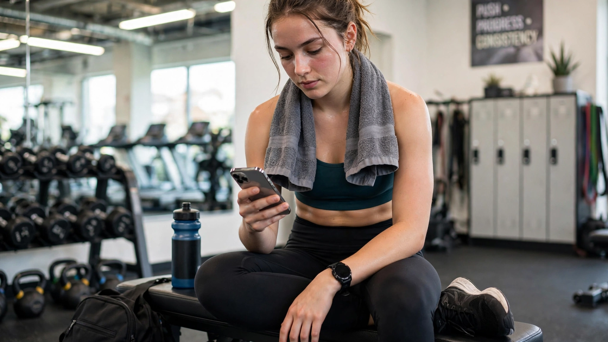 A person in activewear sitting on a gym bench after training, checking their phone with a towel around their neck.