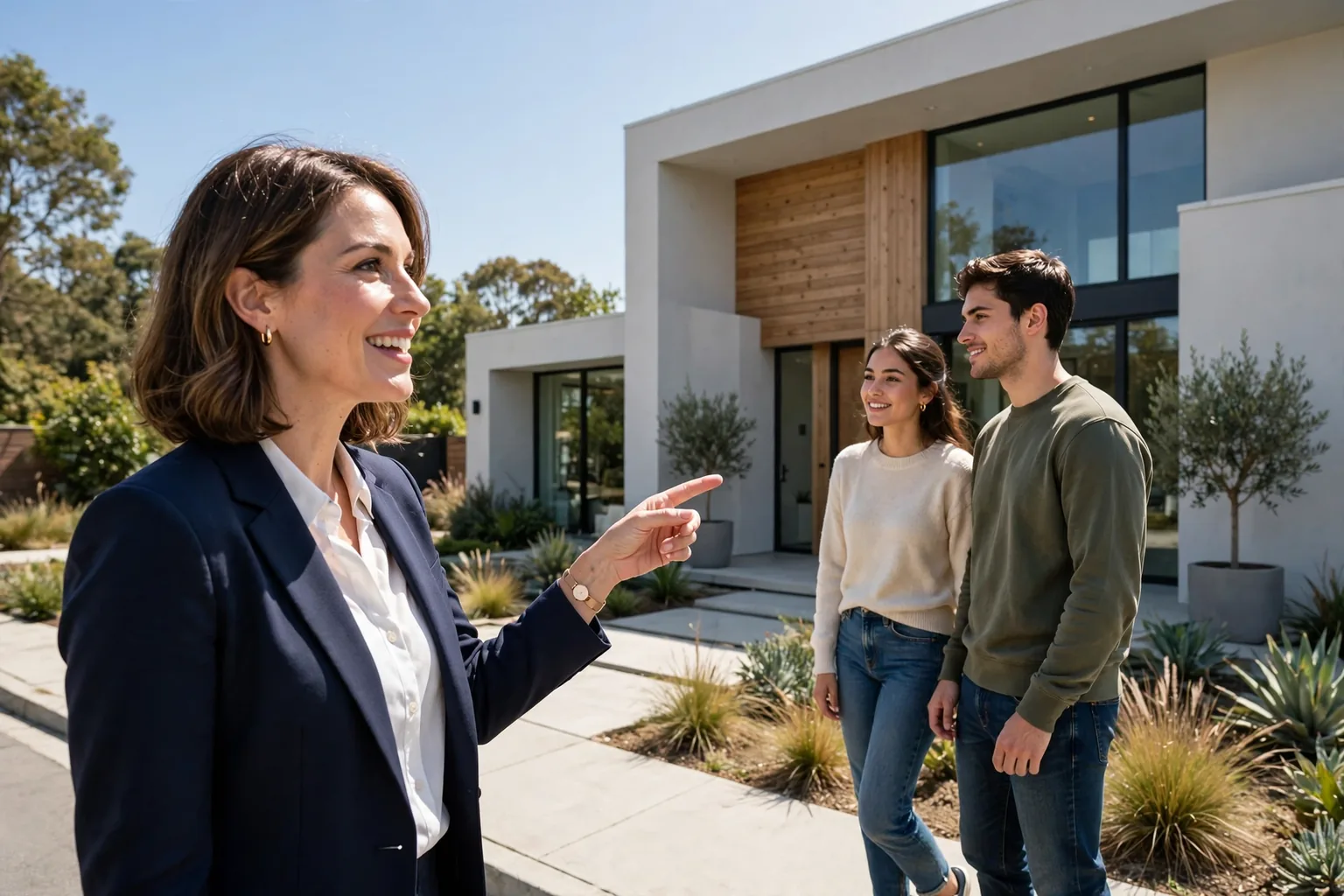 A real estate agent showing a modern home to a young couple in the front garden on a sunny day.