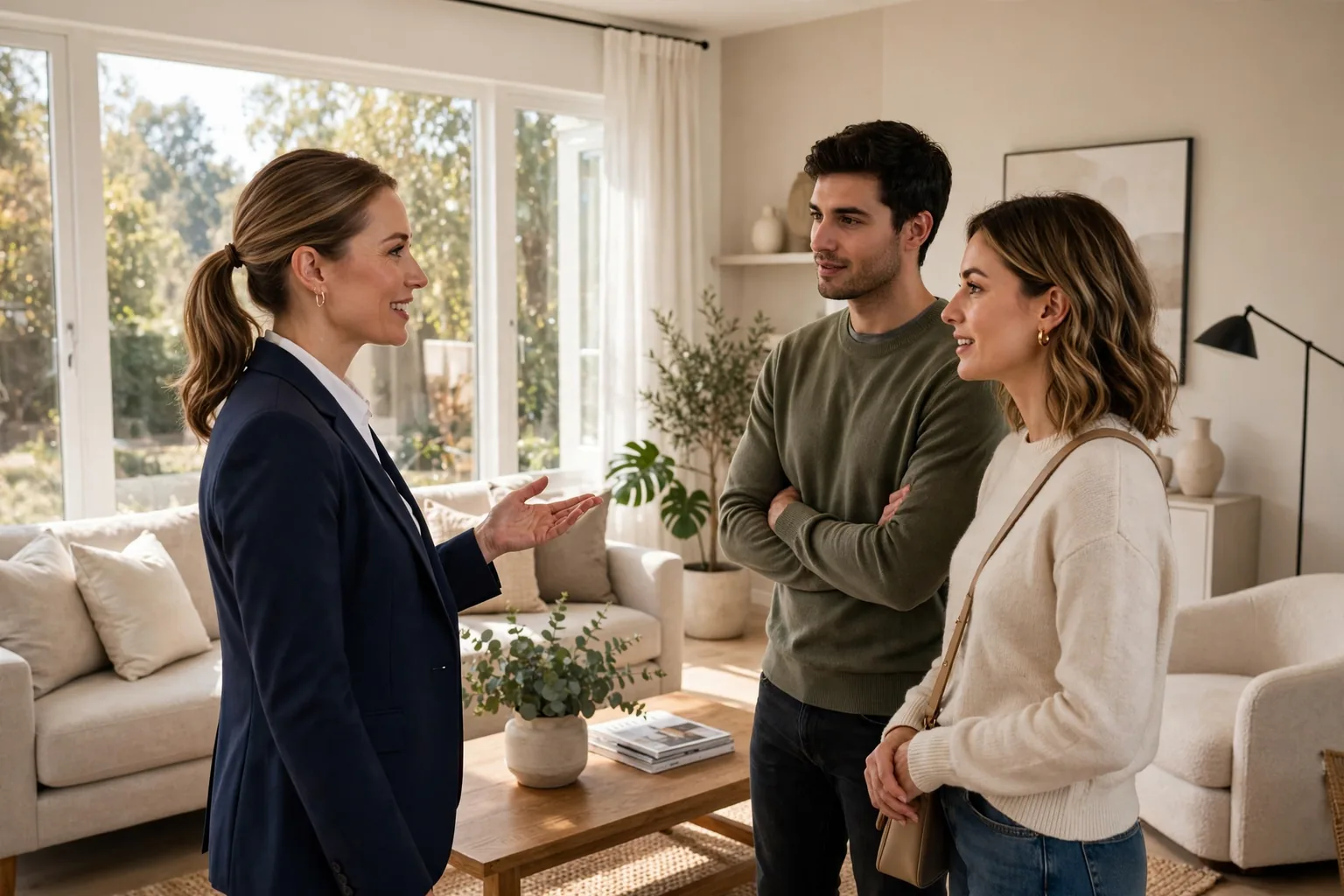 A real estate agent talking with a young couple inside a bright, staged living room.